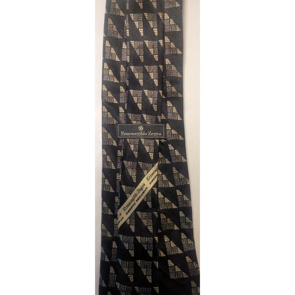 Ermenegildo Zegna Designer Silk & Wool Blend Men's Necktie Italy Black Geo Tie